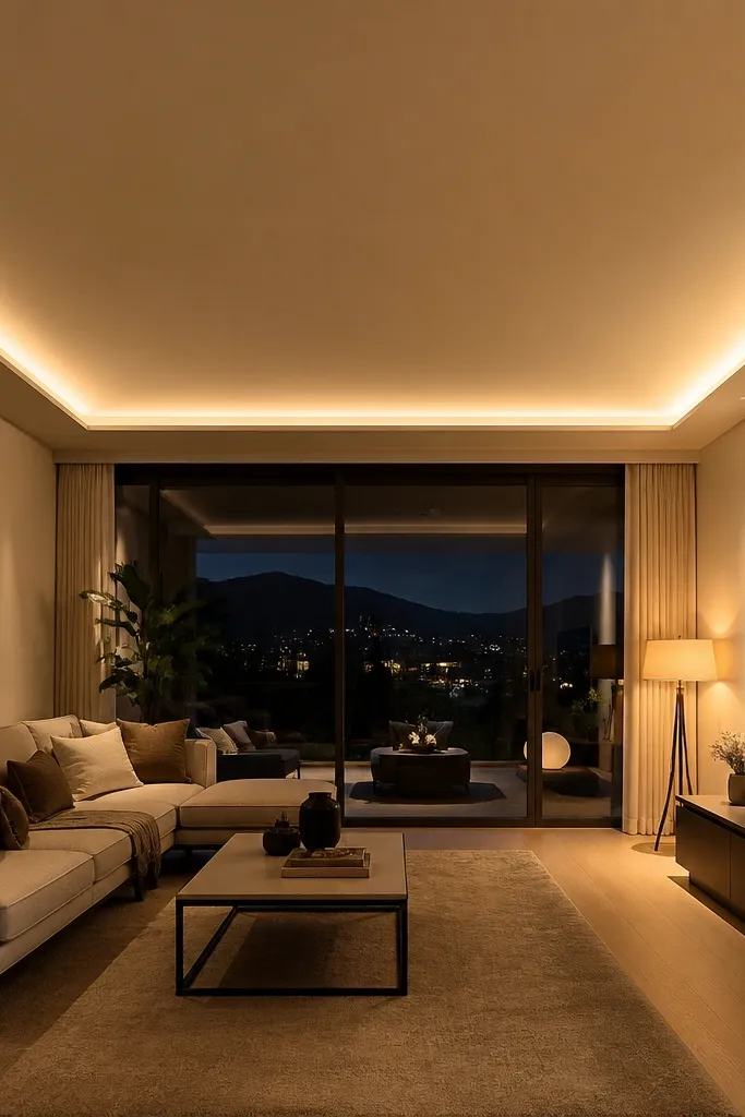 Flat ceiling with a thin shadow gap around perimeter and warm LED glow