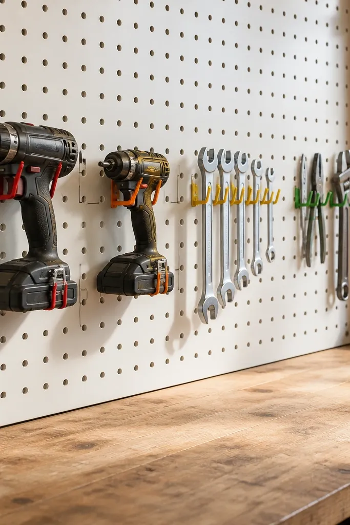 White pegboard with neat tool outlines and colored hooks