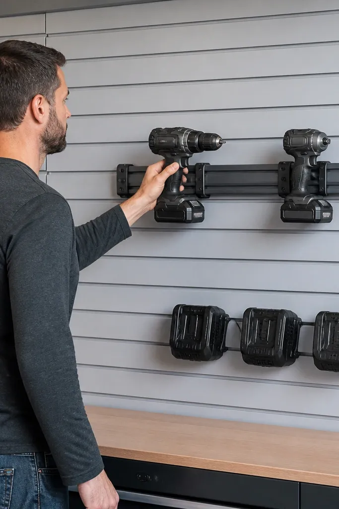 Black slatwall with a mounted rail holding a drill