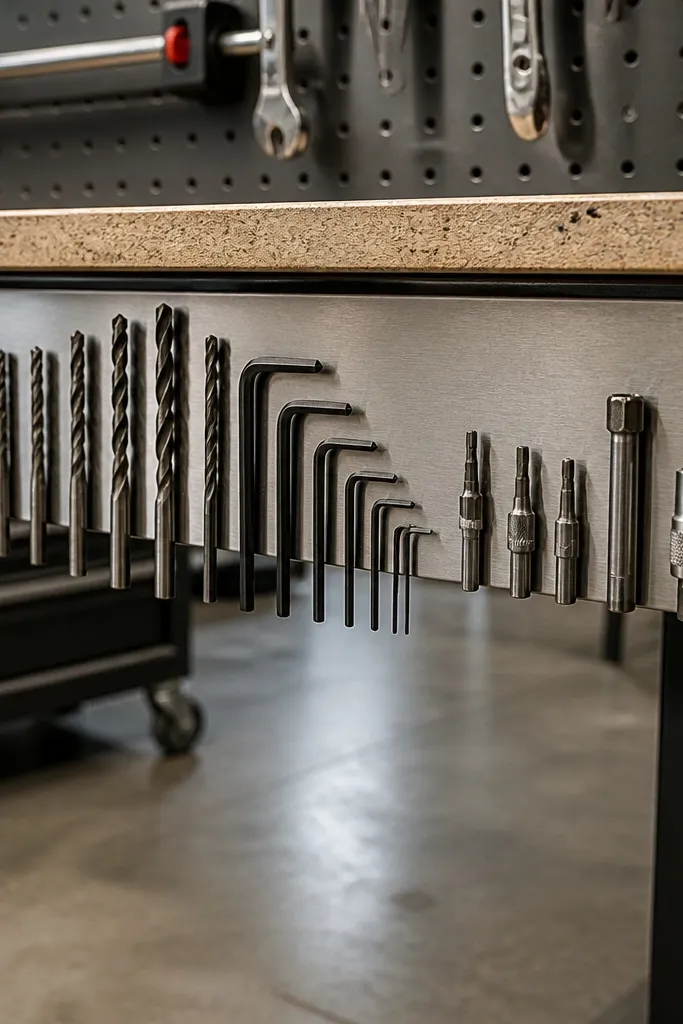 Magnetic strip holding drill bits on a wall