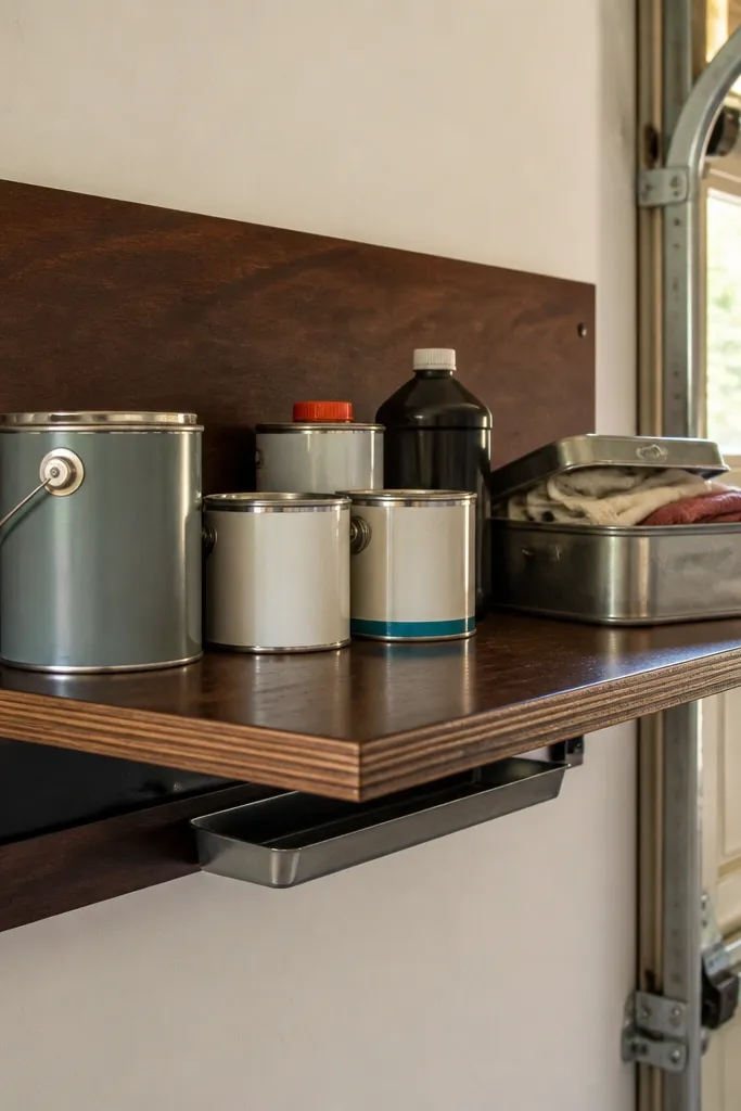 Fold-down shelf with labeled bottles and a rag bin