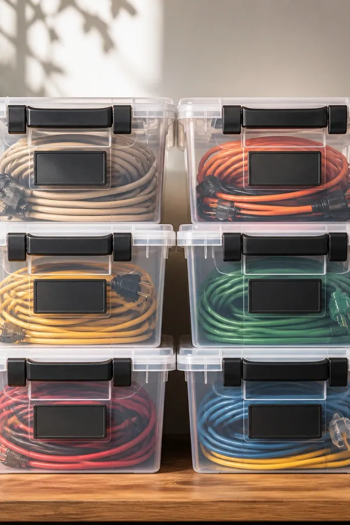 Gray latching bins stacked on shelves with cord labels