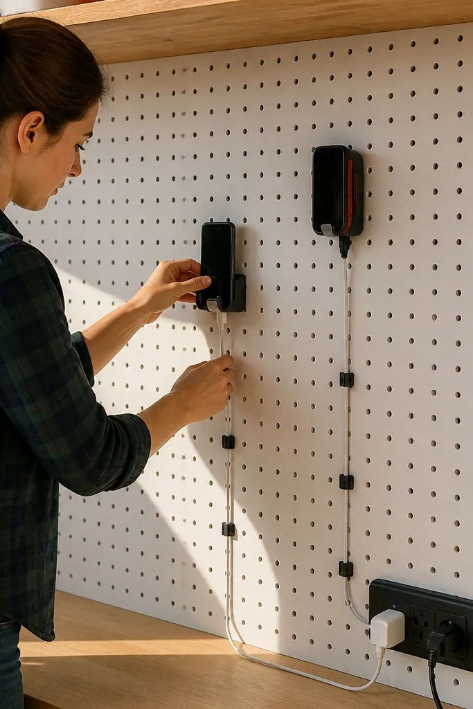 Pegboard with small cable clips and labeled charging cords
