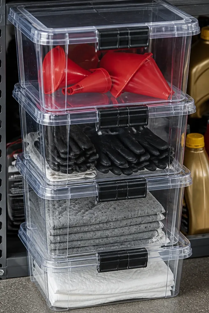 Clear bin tower with labeled automotive items on a shelf