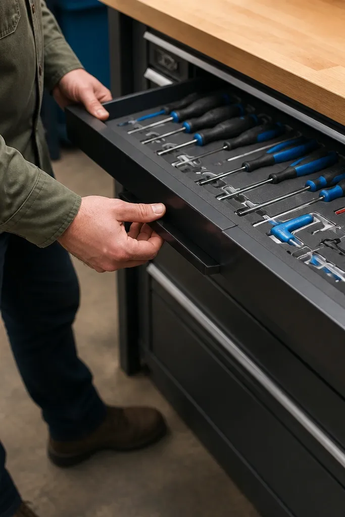 Drawer with foam trays holding screwdrivers and labeled sections