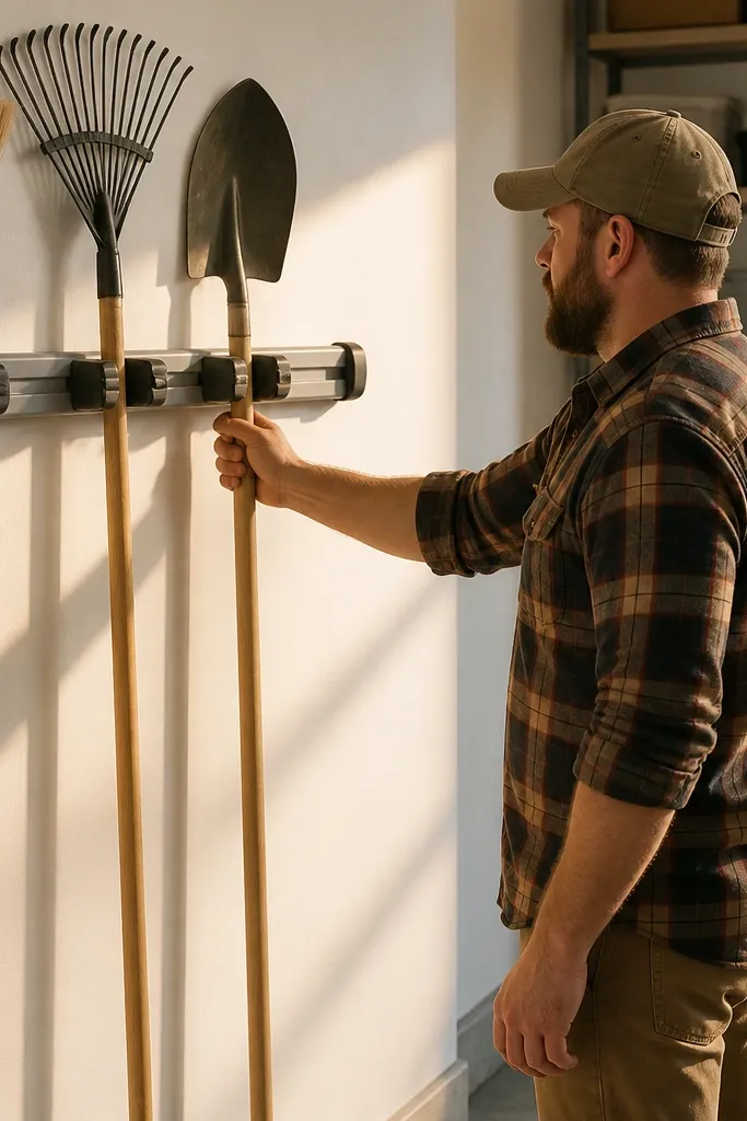 Wall rack holding rakes, brooms, and shovels neatly