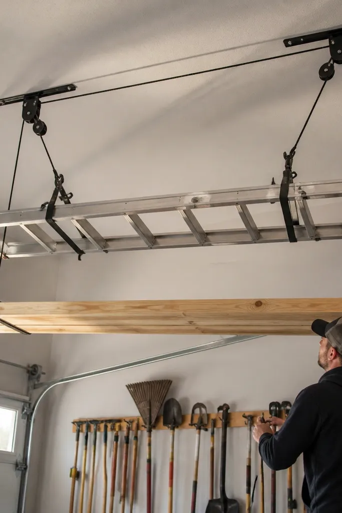 Ceiling hoist holding a ladder with straps and clear hooks
