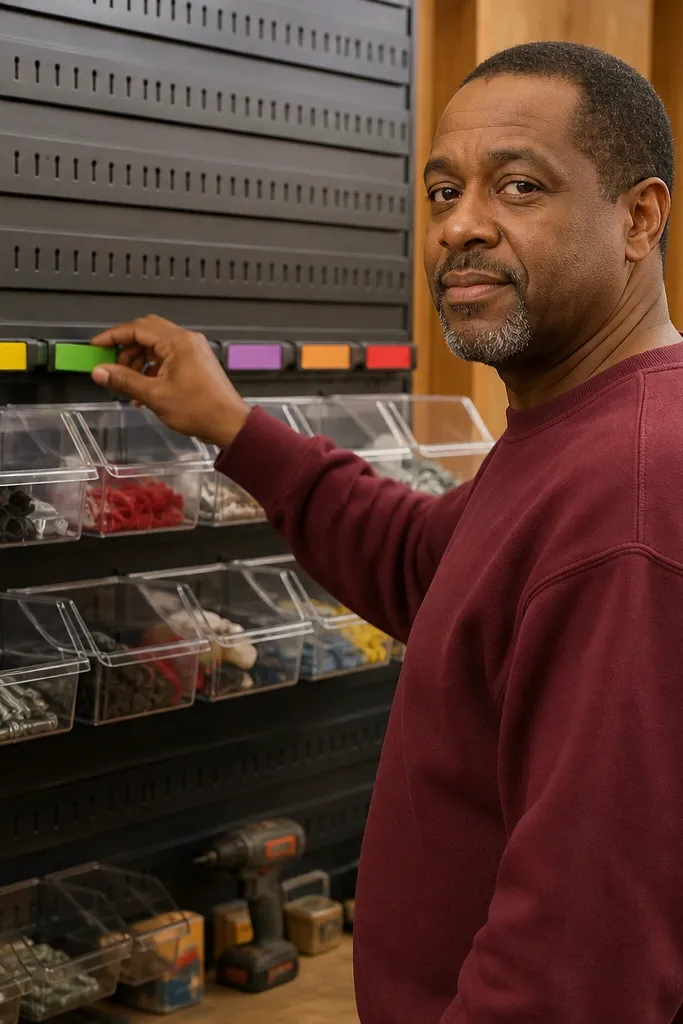 Magnetic label strips on bins with clear handwritten labels