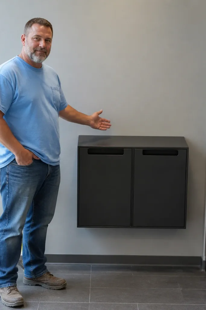 Wall-mounted closed bins labeled for trash and recycling