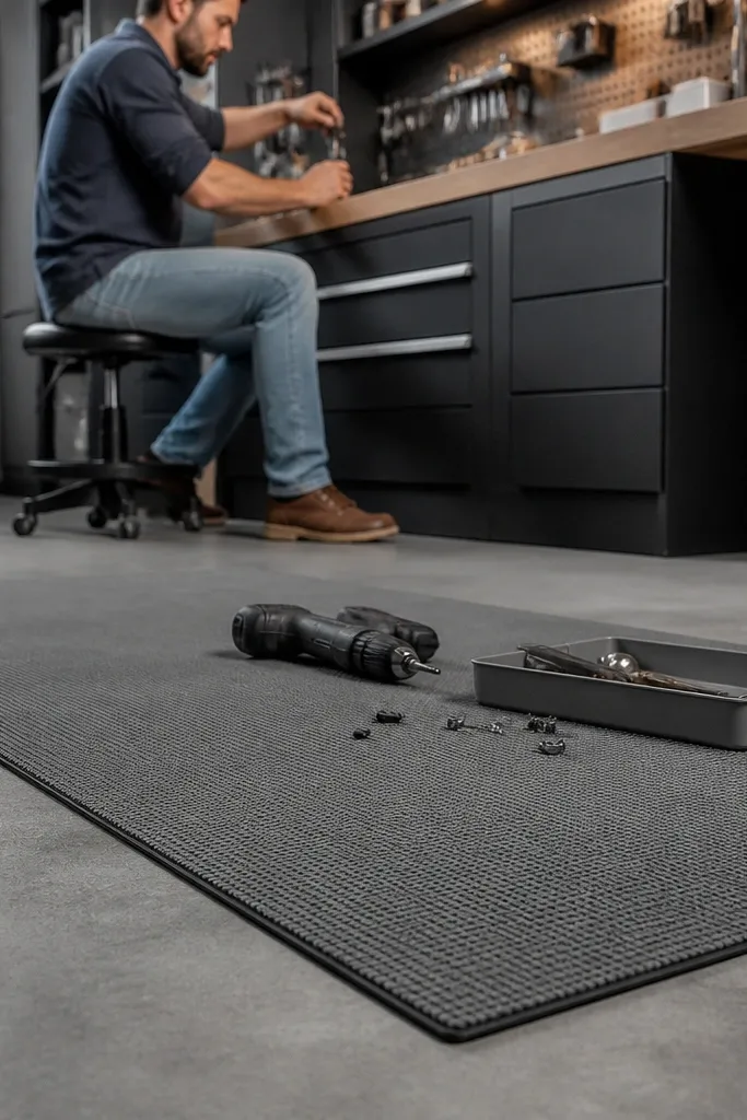 Gray floor mat in front of a workbench with labeled areas