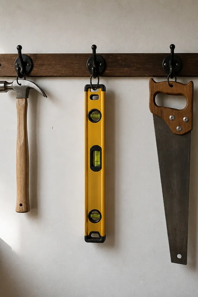 Black wall hooks holding levels and hammers in a neat row
