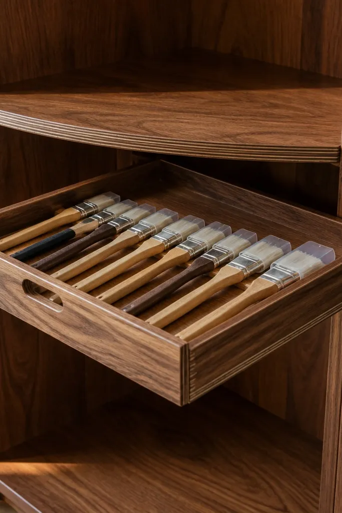 Corner shelf with pull-out tray holding brushes and small jars