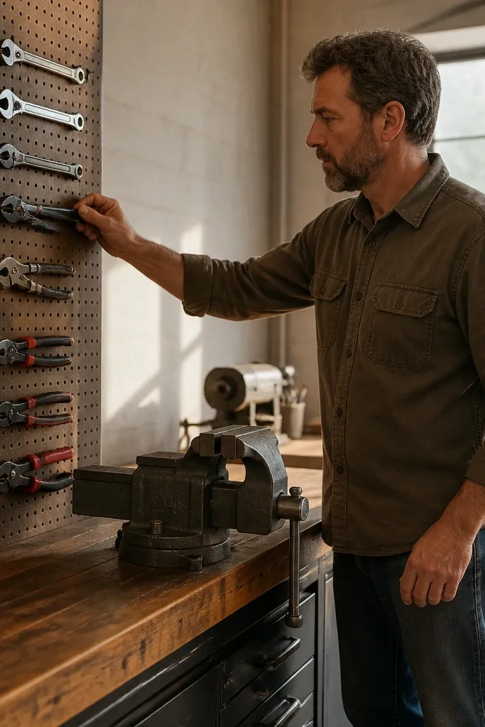 Pegboard backer behind workbench with tools aligned near a vise
