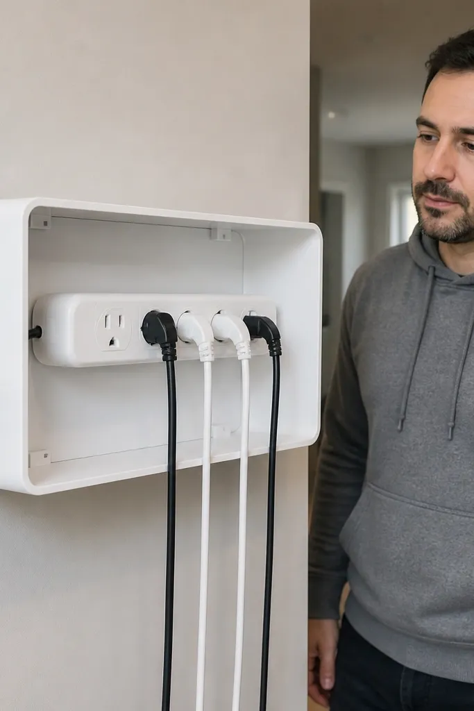 Power strip inside a wall box with labeled outlets and tidy cords