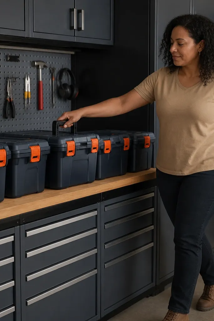 Two flip-top totes on a wall rail, lids locked and labels centered.