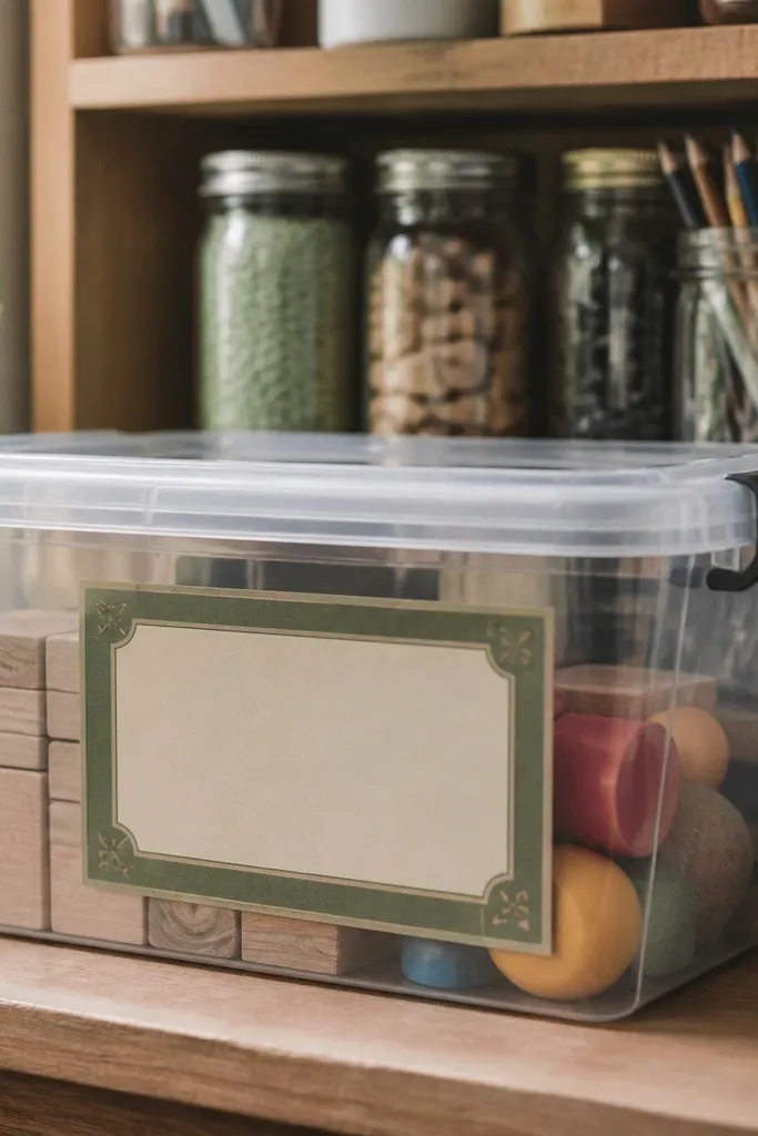 Muted green label frames with small corner flourishes