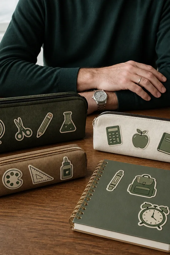 Muted green vintage classroom supply icons like books and pencils