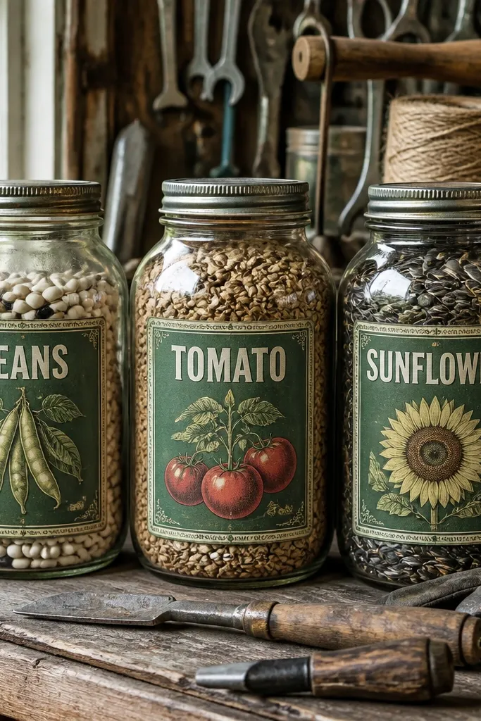 Muted green vintage seed packet stickers with distressed labels