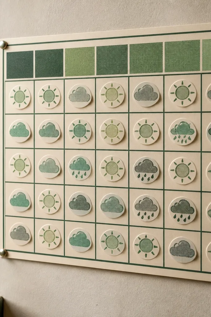 Muted green halftone weather icons like sun and cloud