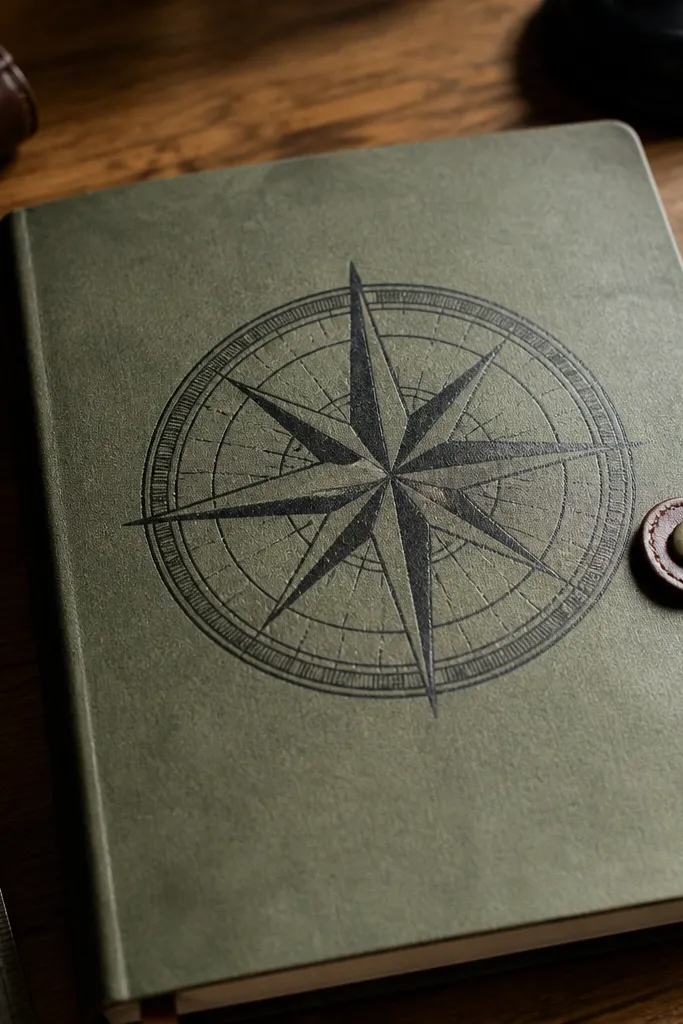 Muted green compass rose sticker with distressed map feel