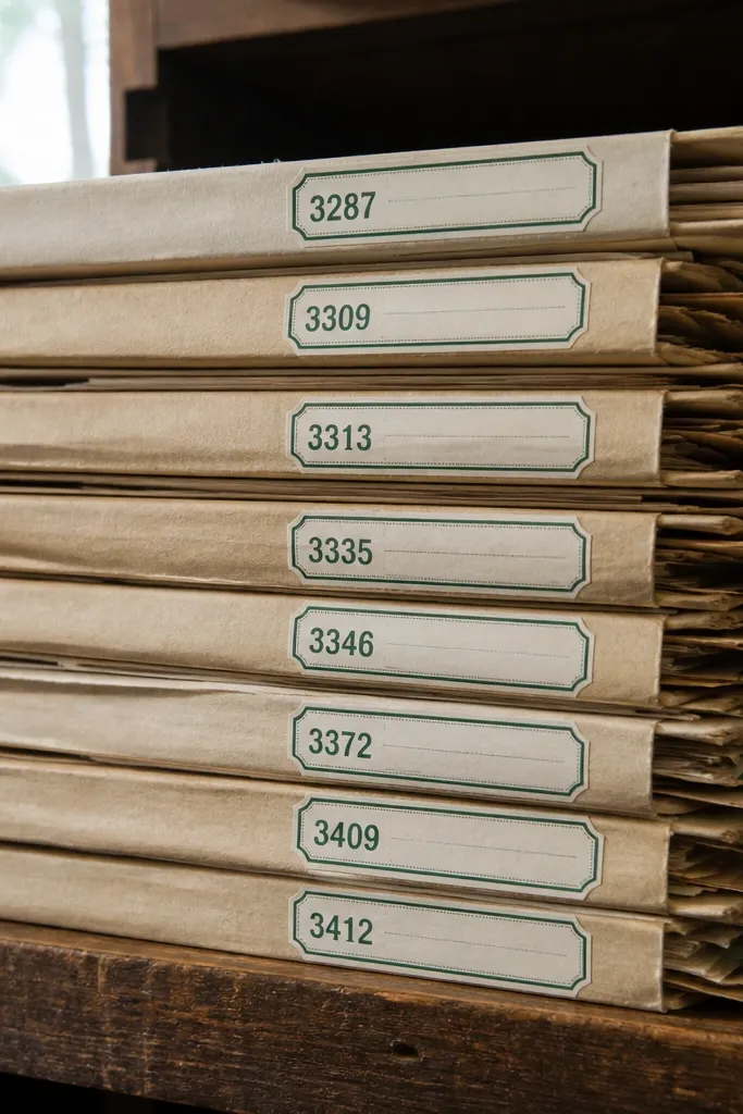 Muted green library-style callout tags with distressed numbering