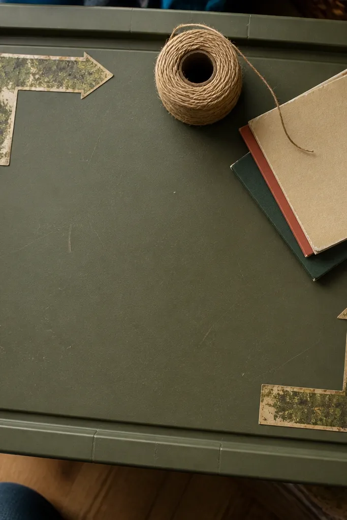 Muted green corner arrow labels with distressed border