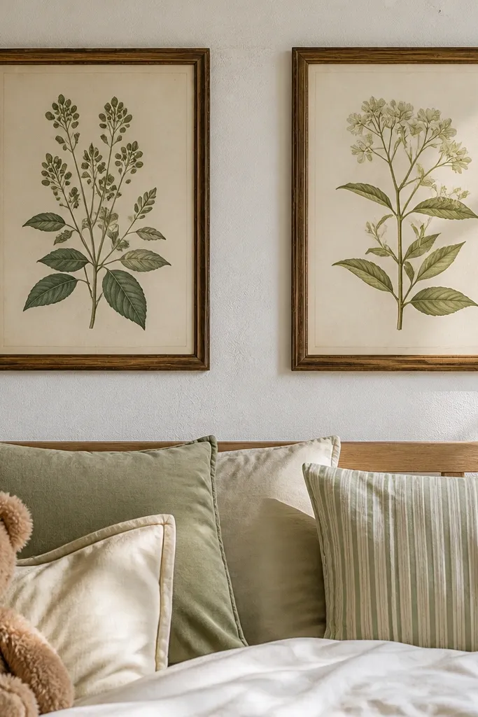 Muted green framed botanical stickers with weathered paper background