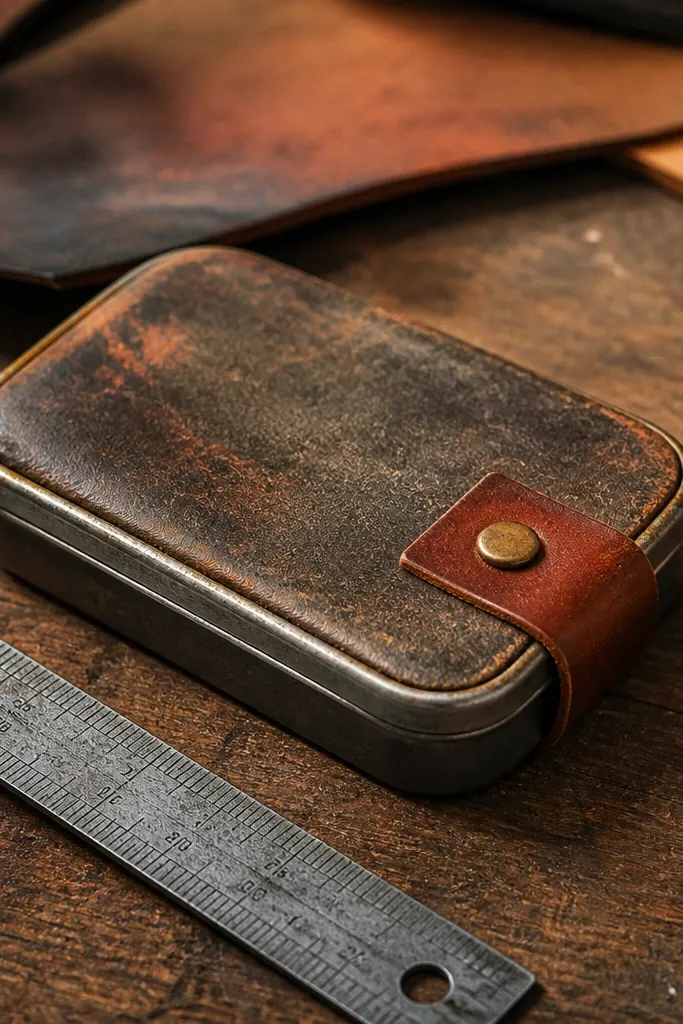 Waxed canvas Altoids wallet with rust-stained marks and a small leather latch strap