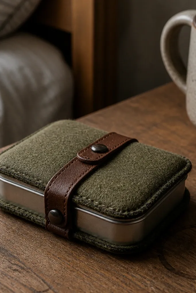 Olive felt Altoids wallet with dark burnt edges and a simple front flap