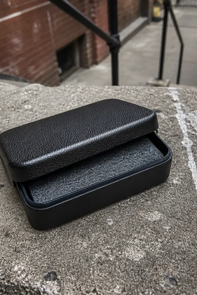 Black leatherette Altoids wallet with white chalk splatter marks and a minimal strap