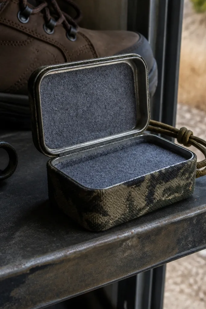 Camo Altoids wallet with dry-brushed black fade over the pattern and a pocket liner