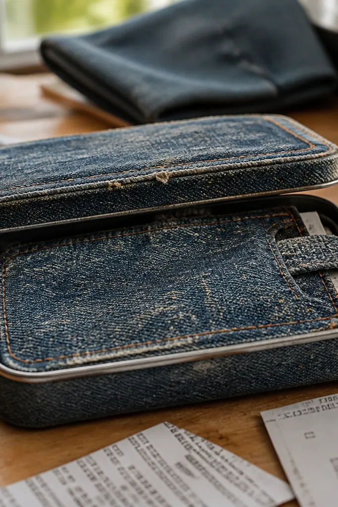 Denim Altoids wallet with a visible inner pocket panel and distressed stitch marks