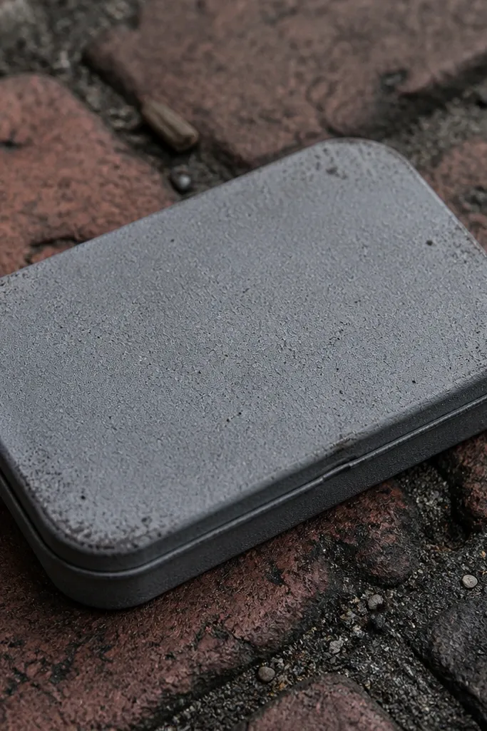 Concrete gray Altoids wallet with gritty sand texture and a matte finish