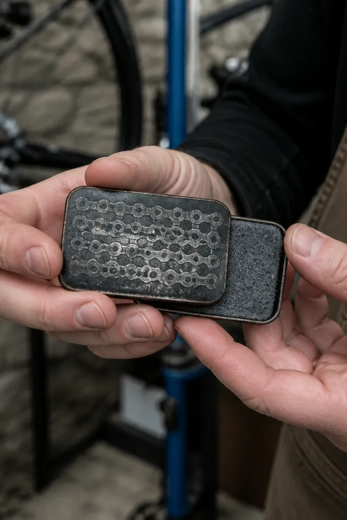 Altoids wallet with chain-link sticker overlay and blackened edges