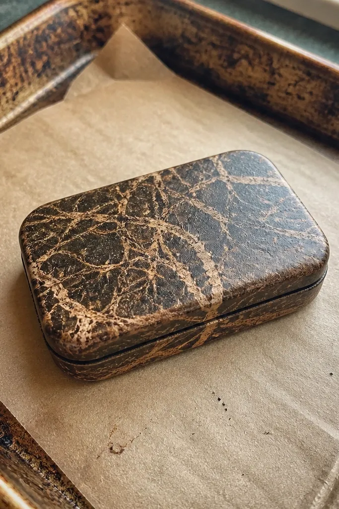 Marbled grunge Altoids wallet with wax-resist lighter lines on a dark base