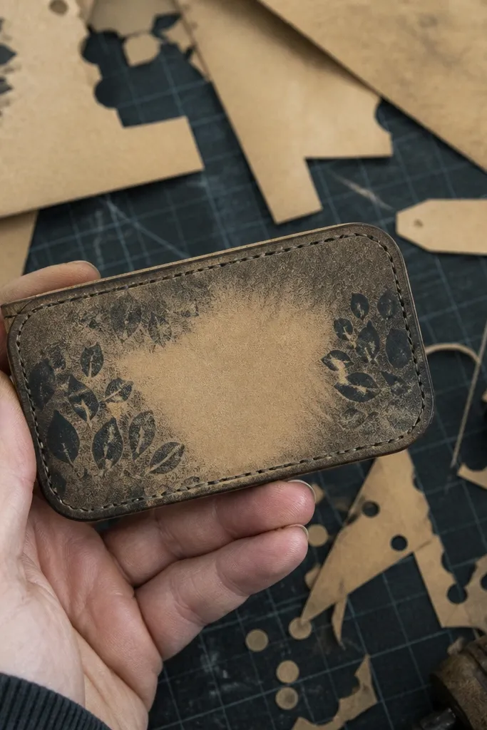 Kraft paper Altoids wallet with black stencil soot marks and a stitched border