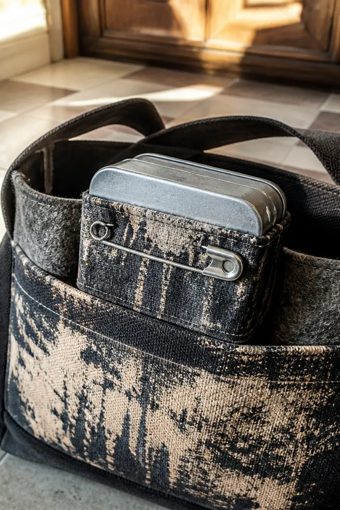 Distressed patch Altoids wallet with a safety pin closure on the front