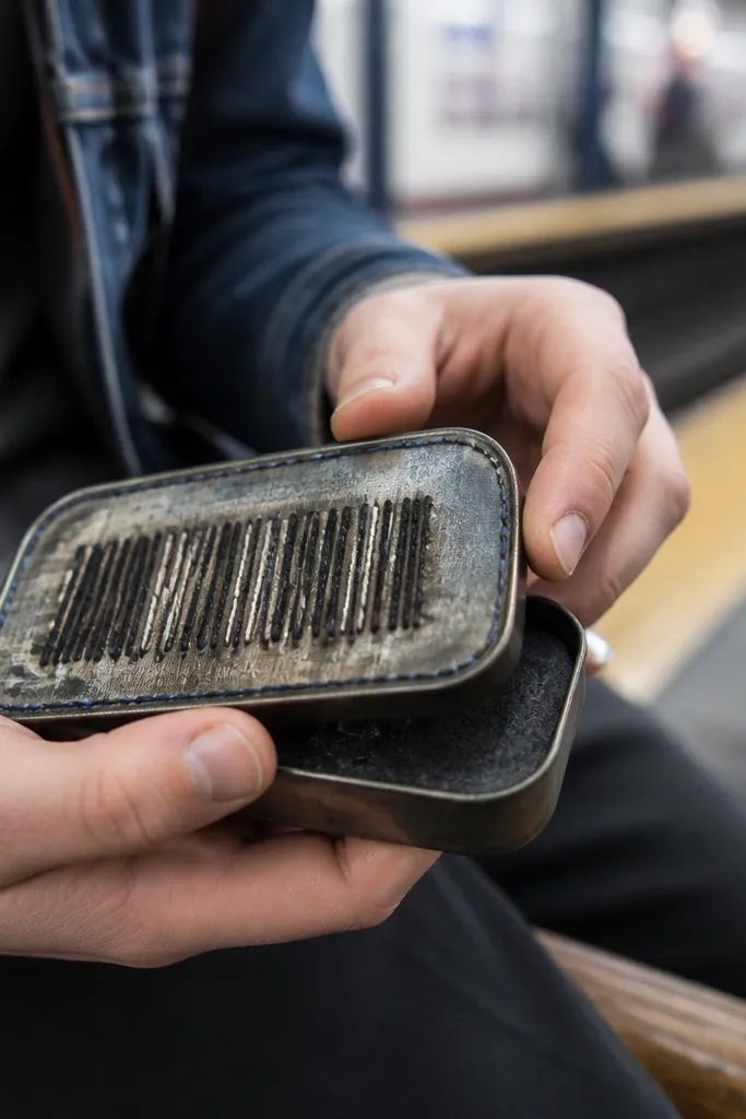 Altoids wallet with embroidered barcode lines and bleached highlights on a dark base