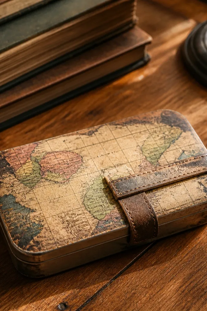 Aged map print Altoids wallet with black ink-wash corners and a simple strap