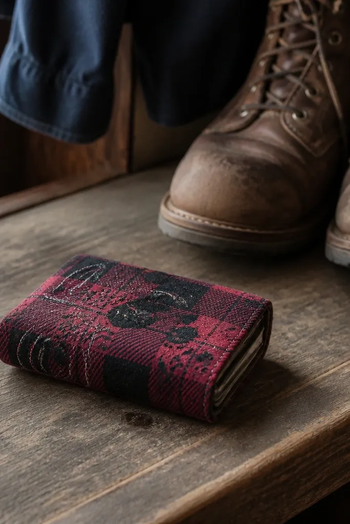 Red flannel Altoids wallet with black splatter and thin pinstripe stitching