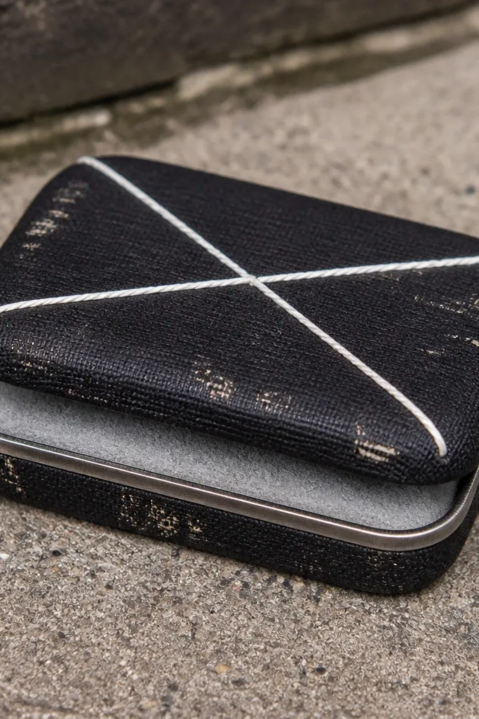 Black canvas Altoids wallet with white X-cross stitched closure and a felt insert