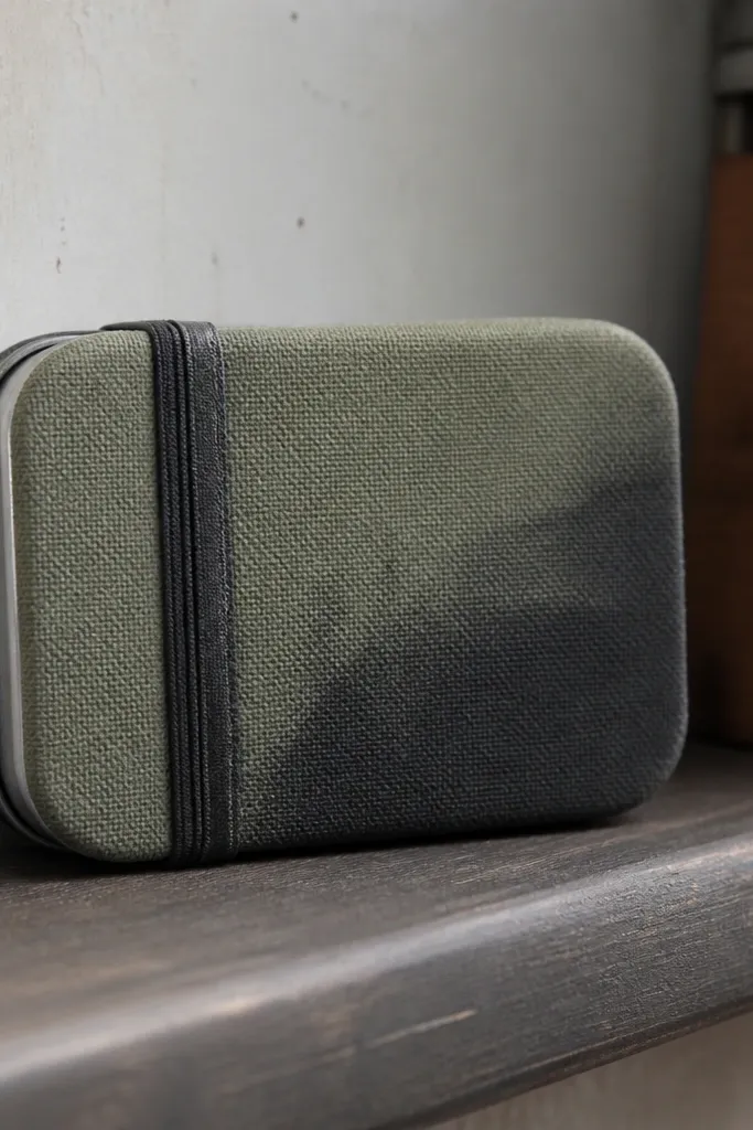 Sage canvas Altoids wallet with charcoal smudged panels and a minimal strap