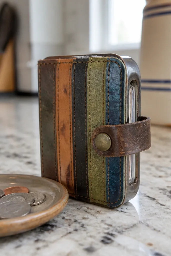 Patchwork spine Altoids wallet with side card slot and darkened seams