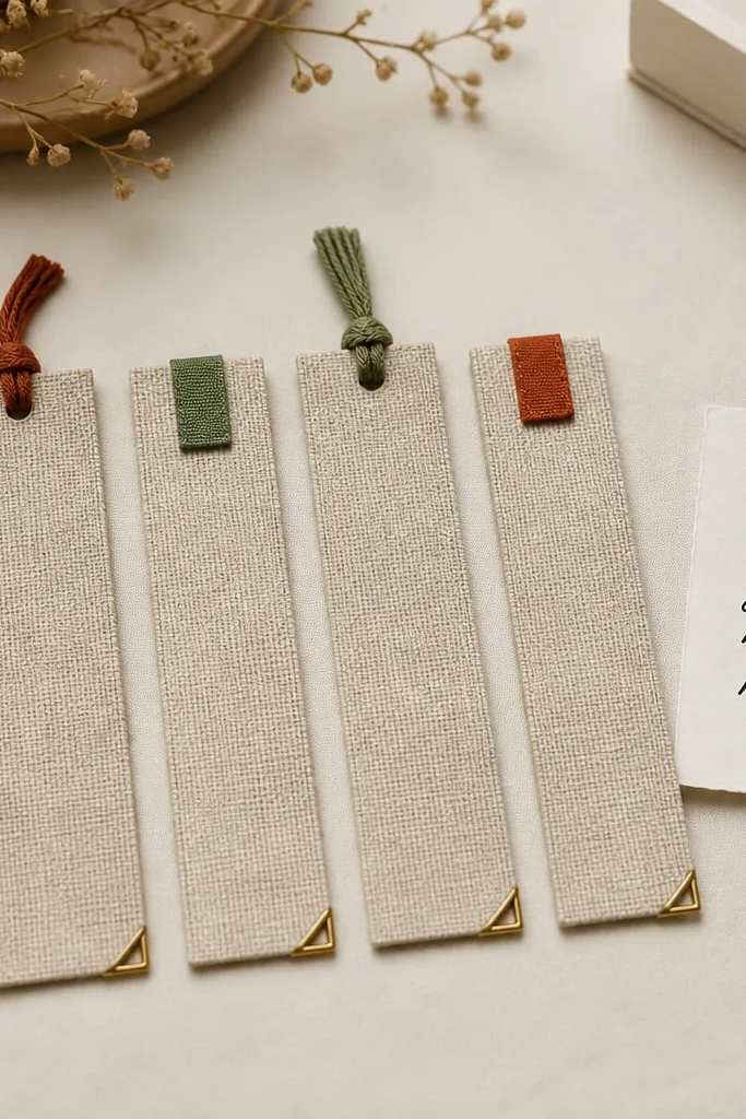 Four handmade bookmarks laid side-by-side on a cream desk mat. Each is a narrow strip of beige fabric that looks like linen, with one corner wrapped in a thin gold thread. Two bookmarks have small tassels in muted rust and sage, and the other two have tiny fabric tabs glued near the top like page markers. A small card beside them reads "for your next read" in black ink.