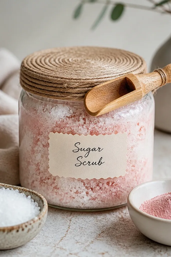 A clear glass jar filled with pale pink and white sugar scrub with a slightly grainy texture. The lid is wrapped in twine and a small cream label sits on the front with black handwritten text. A tiny wooden scoop rests across the rim. On the table are two small bowls: one with coarse salt crystals and one with pink cosmetic-grade mica.