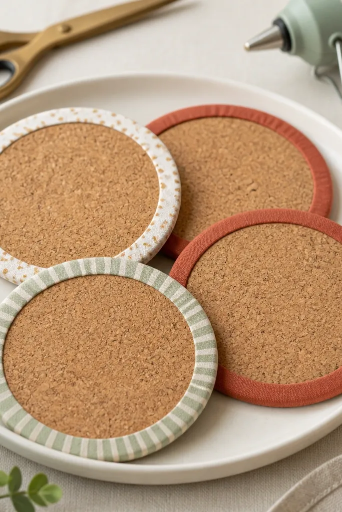 Four cork coasters on a white plate. Each coaster has a neat fabric border glued around the edge, with tiny gold polka dots on one, muted green stripes on another, and solid terracotta on the rest. The cork centers are visible and slightly speckled. A pair of scissors and a glue gun sit in the background.