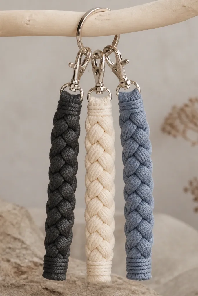 A set of three keychains hanging from a ring. Each has a braided strap made from t-shirt yarn in charcoal, cream, and dusty blue. The braids are tight and glossy where the yarn overlaps. A small silver metal lobster clasp is attached at the top, and the ends are wrapped with a short knot and trimmed evenly.