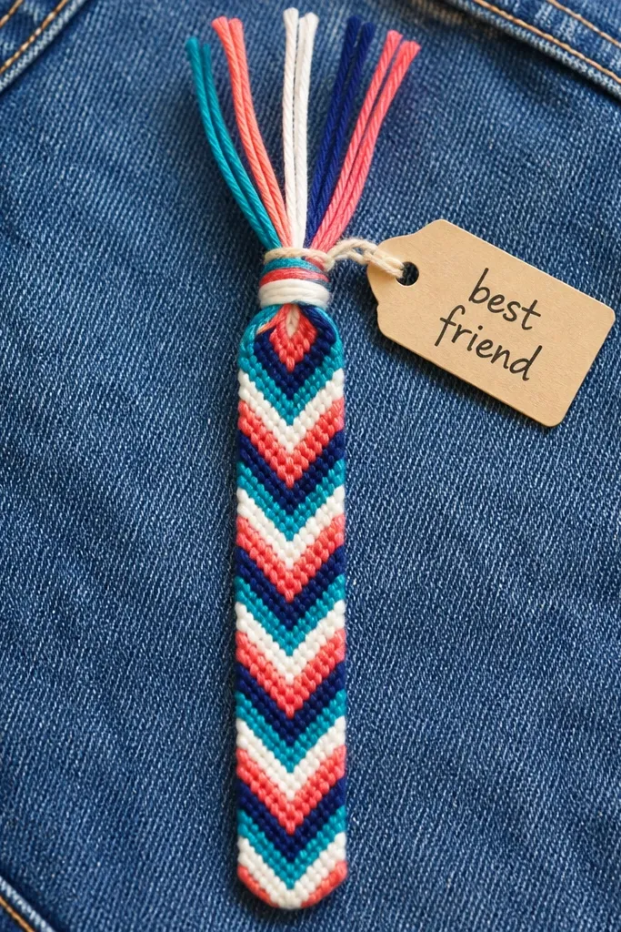 A bright bracelet laid flat on a denim surface. Six embroidery floss strands are tied at the top, and the bracelet shows a clean chevron pattern in teal, coral, white, and navy. The knot rows look evenly spaced. A small paper tag attached to the top says "best friend" in black ink.