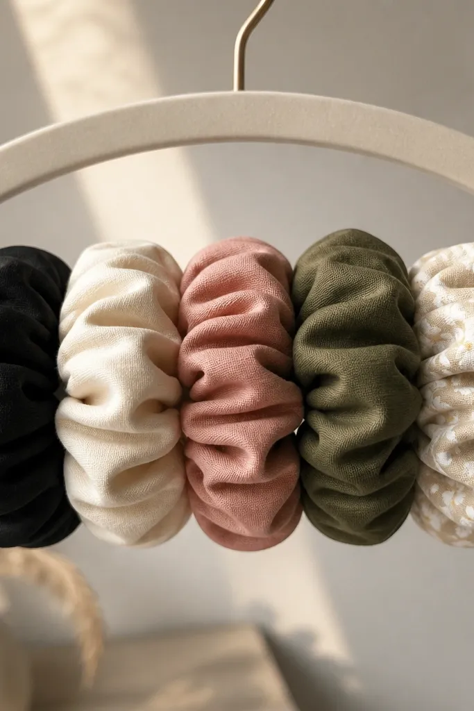 Five fabric scrunchies on a hanger. Two are solid black and cream, one is dusty rose, and one is olive. The last one is an accent print with tiny white daisies on a light background. Each scrunchie has a thick, rounded shape and neat elastic channels.