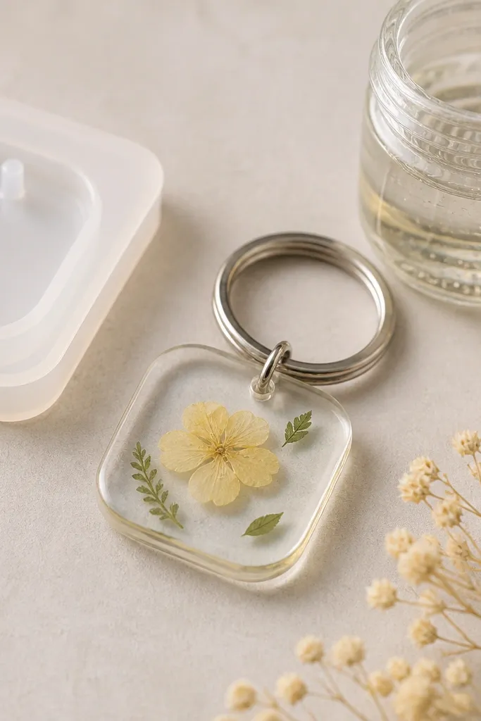 A transparent phone charm shaped like a rounded square. Inside is a small pressed flower in pale yellow with green leaf fragments. The charm has a glossy epoxy dome and a silver key ring attached at the top. It sits next to a small jar of resin and a silicone mold.